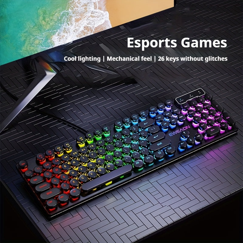 EWEADN GX330 Wired Gaming Keyboard with Retro Punk Style, RGB LED Backlit, Ergonomic Design, 104 Keys, USB Powered, Ideal for Gaming & Office Use.