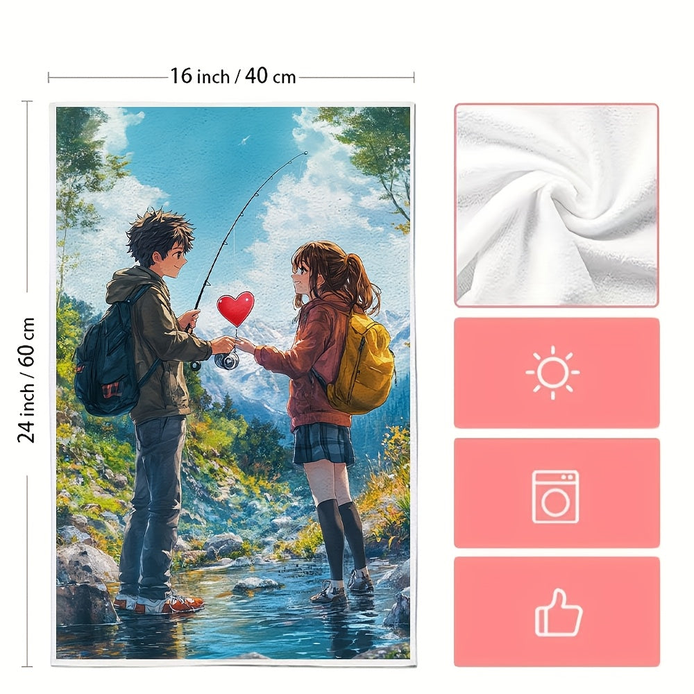 Set of 2 Kitchen Towels - Featuring an Anime Boy Giving a Heart-Shaped Fishing Lure to an Anime Girl, Ultra Soft and Highly Absorbent Dish Hand Towels perfect for Holiday Decor, Machine Washable, 16x24 Inch - Model 2KYSYS1215111