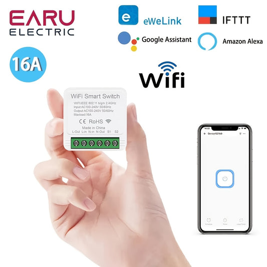 16A Mini WiFi Smart Switch for easy home automation, voice-controlled with Alexa & Google Assistant.