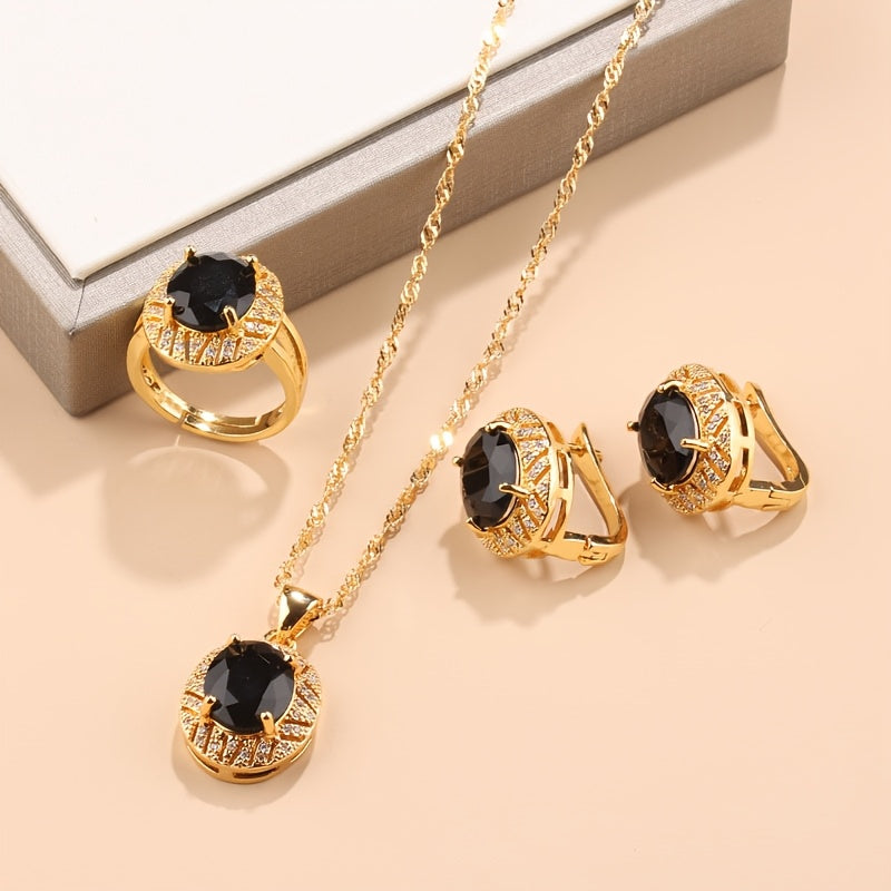 Sophisticated 4-Piece Jewelry Set - Featuring 18K Gold Plated Copper and Synthetic Zirconia Stones. Includes French-Style Necklace, Earrings, and Rings Combo perfect for Daily Wear or Weddings. Adorned with a Christmas Holiday Theme, this All-Season