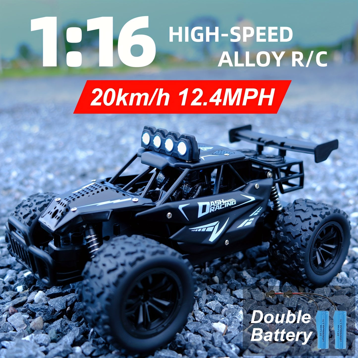 K.K 1:16 Scale High-Speed RC Truck with Alloy Body, Double Battery, and 20 km/h Speed. Includes 2.4G Remote Control in Blue & Black Design. Ideal Gift for Boys and Girls.