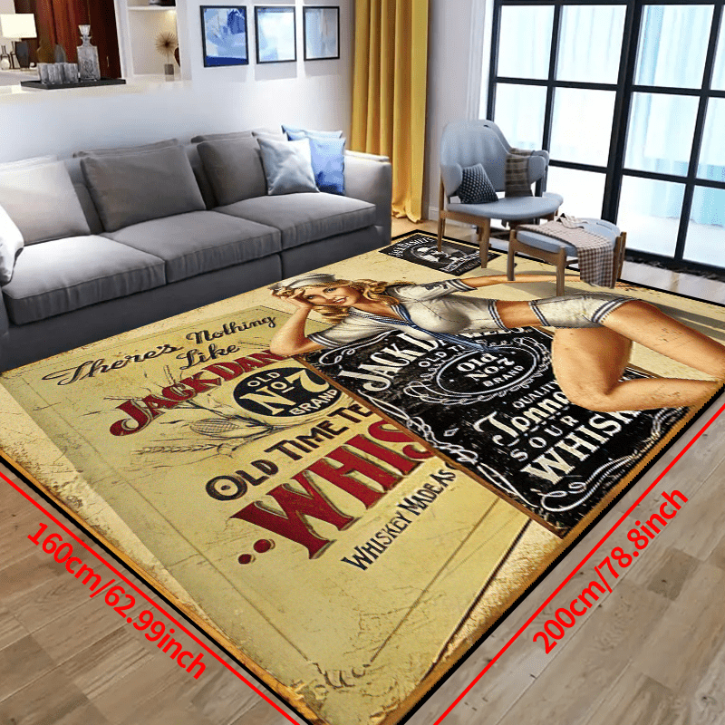 1 piece of Jack Daniels Beauty Polyester Rug with non-slip, machine washable, waterproof features. Suitable for indoor and outdoor use, this durable rug can enhance the decor of your living room, bedroom, nursery, patio, or garden.