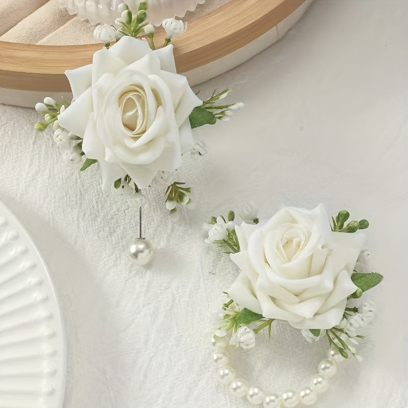 Bridal party accessories such as wrist and chest flowers resembling roses, suitable for bridesmaids, sisters, groomsmen, bride and groom, along with forest-inspired wrist flowers for a unique touch.