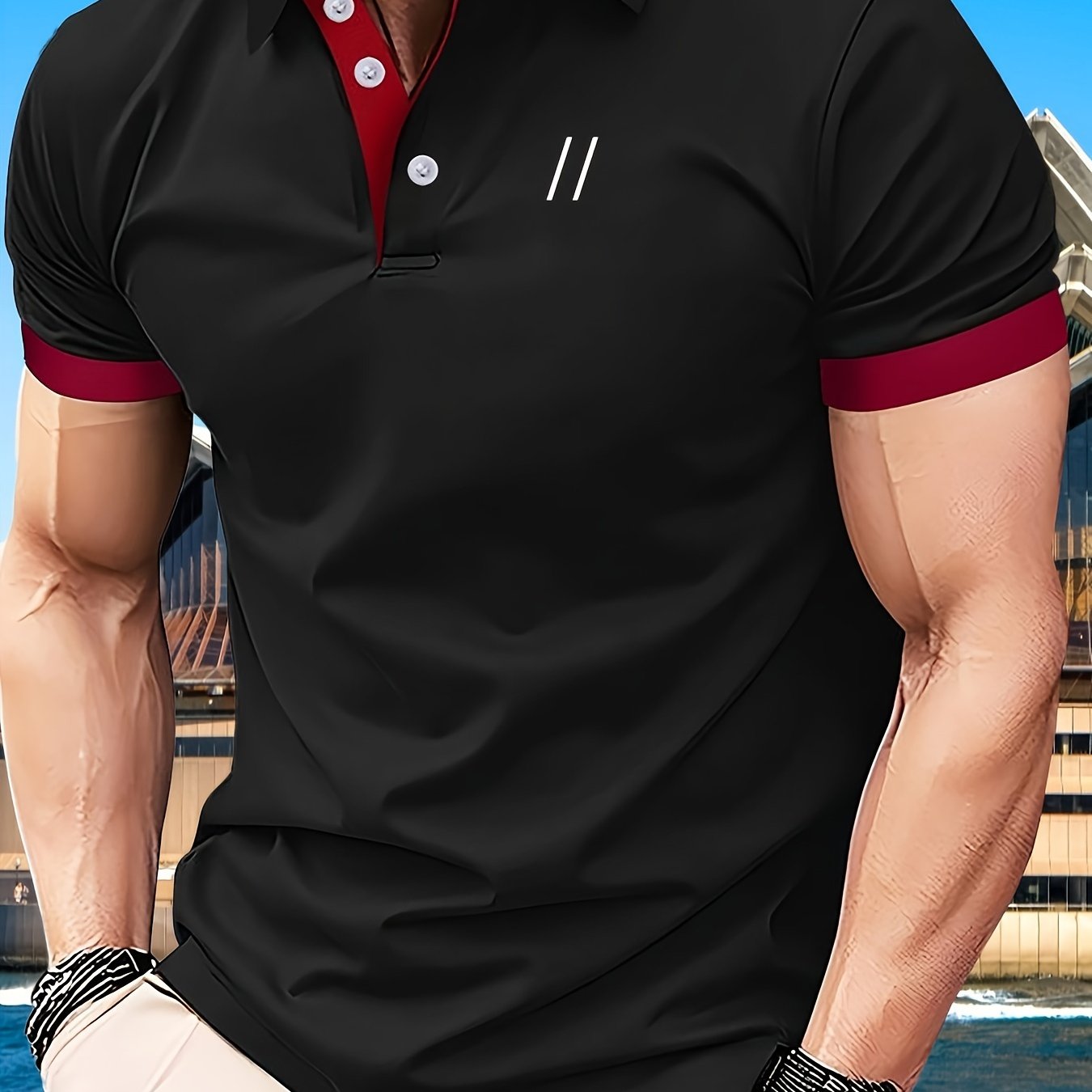 Men's short sleeve athletic polo shirts featuring a two slashes pattern and retro style button up design, ideal for summer business attire.