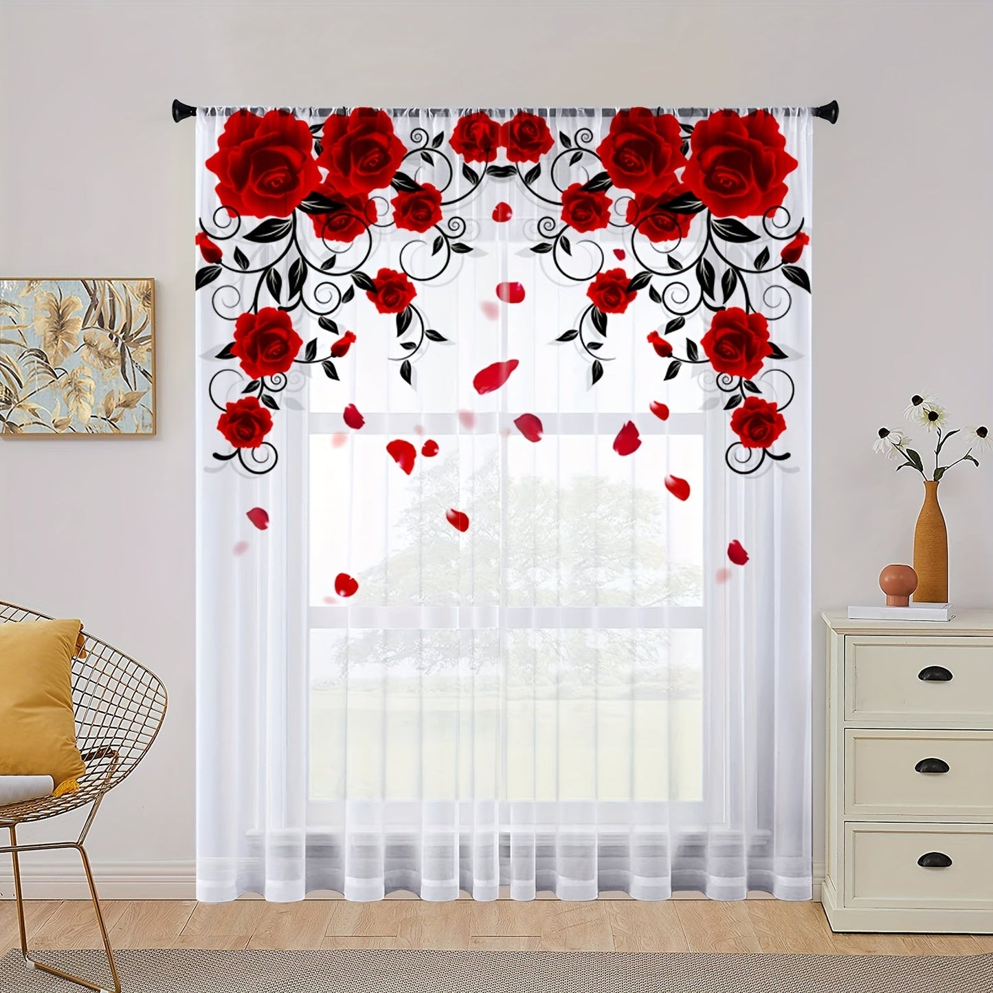 Red Rose Printed Curtain with Rod Pocket for Bedroom, Office, Kitchen, Living Room, Study - Home Decor, Aesthetic Room Decoration