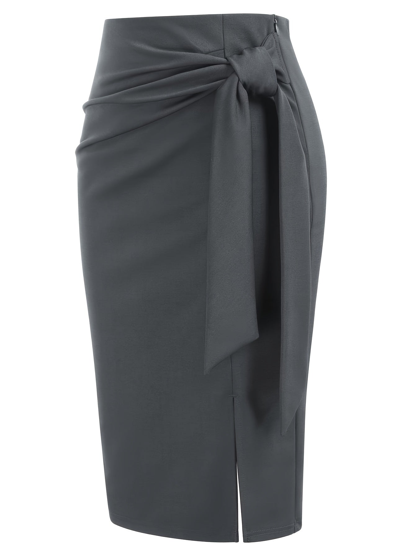 Chic high-waisted knee-length skirt with bow and slit for women.