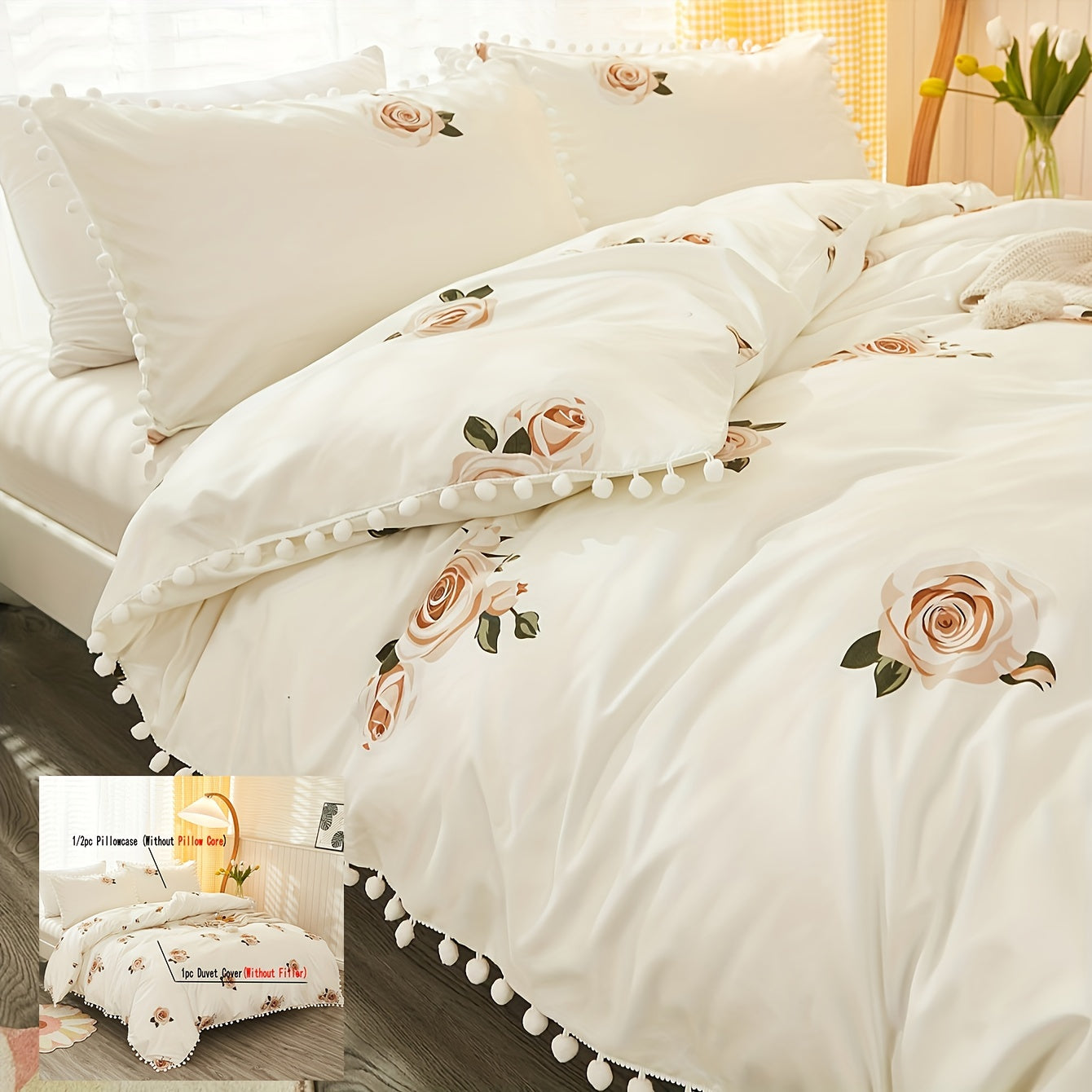 Set of 3 Fresh Duvet Covers (1 Duvet Cover + 2 Pillowcases, Core Not Included), Featuring a Pastoral Style Flower Print Bedding Set with Pompom Detail, Soft and Cozy for Bedroom or Guest Room Use