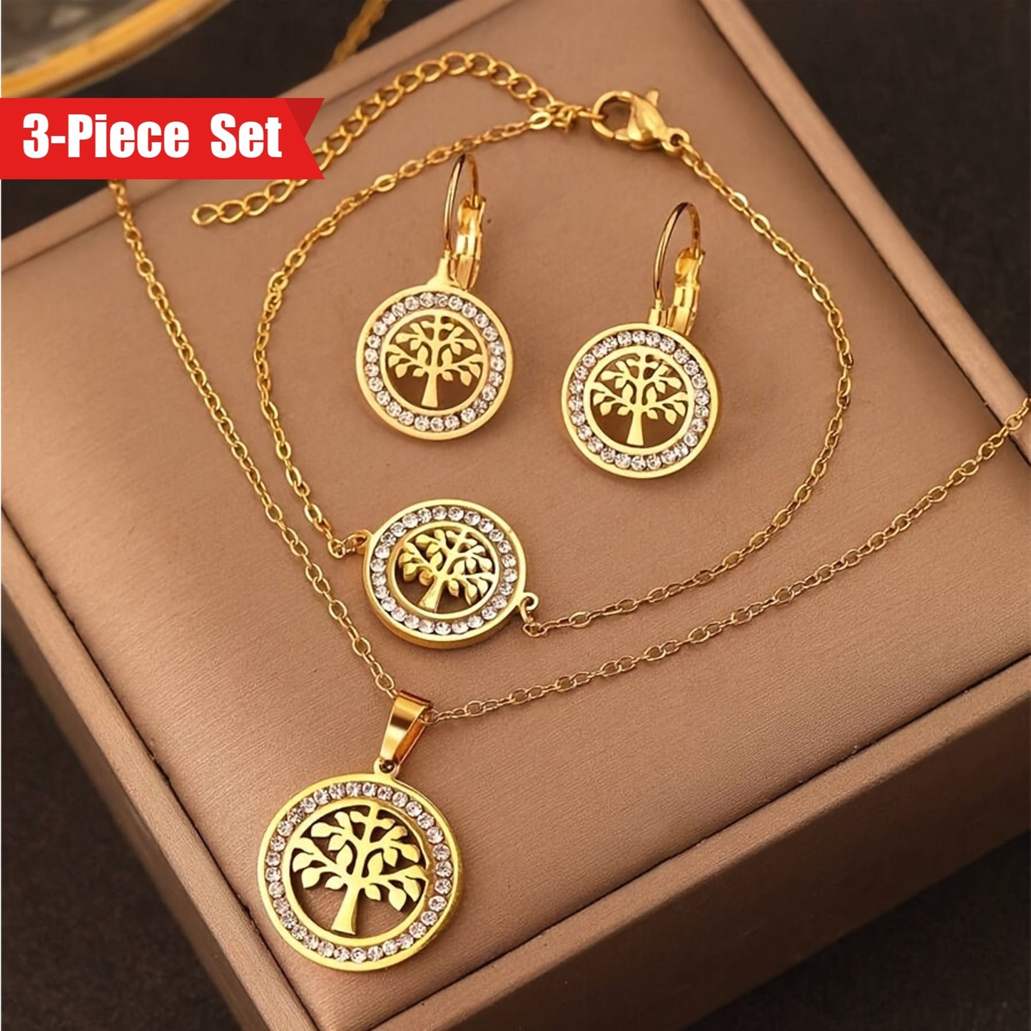 3-Piece Tree of Life Jewelry Set in Bohemian Style - 14K Gold Plated Copper with Synthetic Zirconia - Perfect for Parties and Weddings, Includes Necklace, Bracelet, and Earrings.