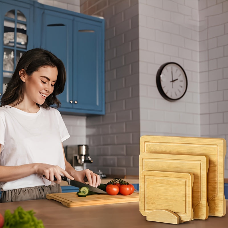 Set of four bamboo cutting boards with holder - Premium kitchen chopping boards for fruits, vegetables, and meats. Perfect addition to any kitchen.