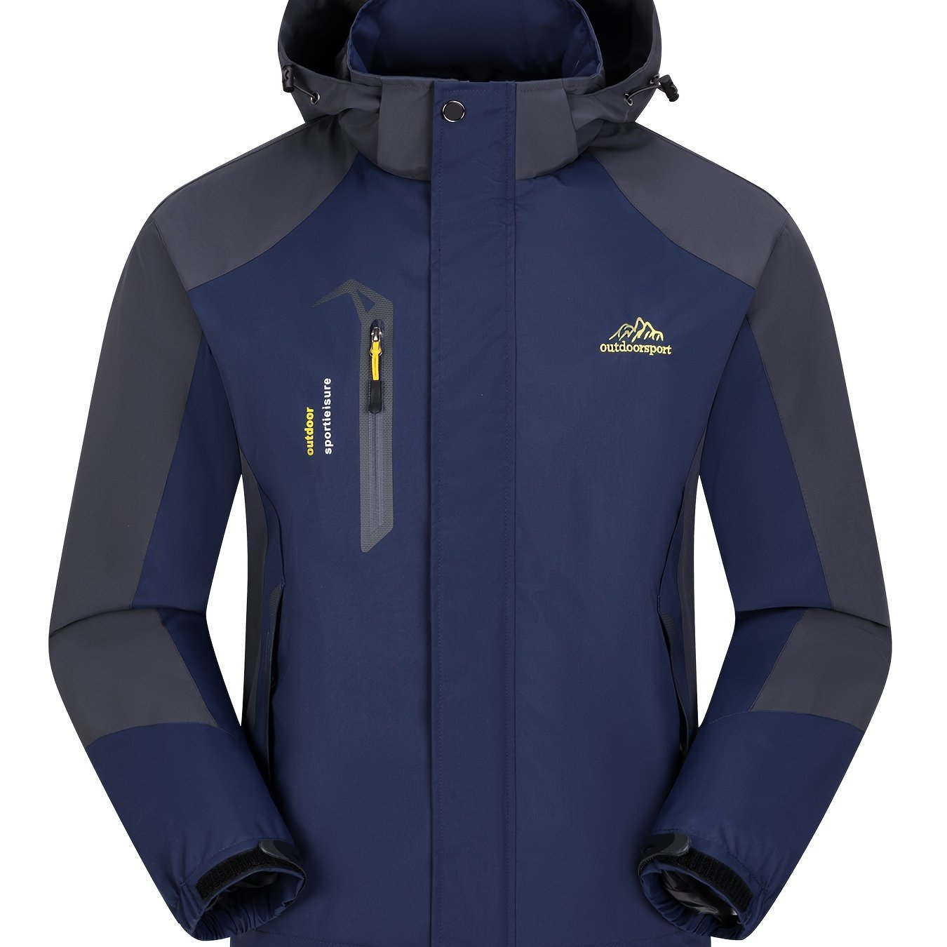 Windproof hooded softshell jacket for men, ideal for hiking and camping with multiple pockets.