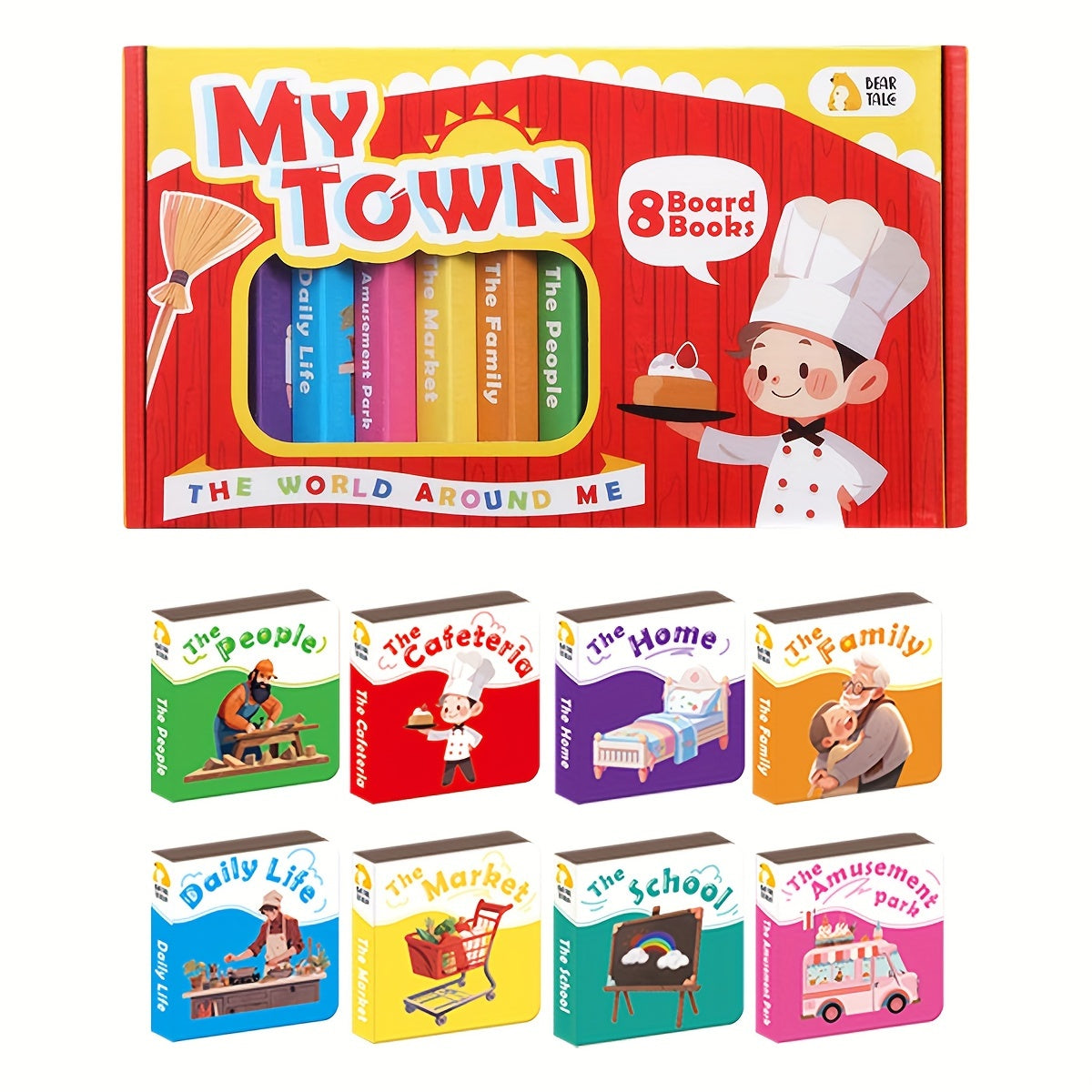 My Town: 8 board books for children, covering topics like amusement parks, cafeterias, families, homes, people, markets, and daily life. Perfect as a gift.