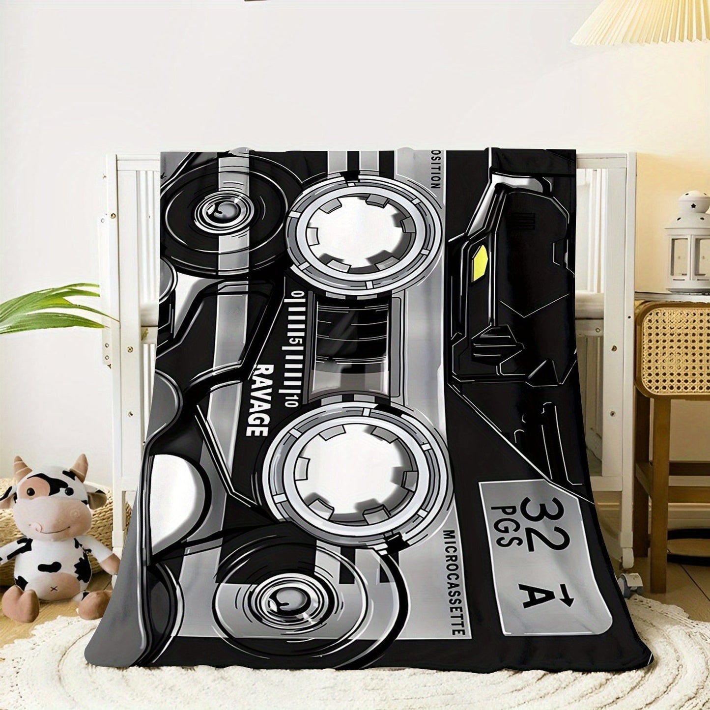 Flannel Fleece Throw Blanket with Retro Music Tape Player Design - Ideal for All Seasons, Suitable for Sofa, Bed, Travel, Camping, Living Room, Chair, and Napping - Perfect Gift for Music Enthusiasts, Features Digital Print on Polyester Material, Knitted