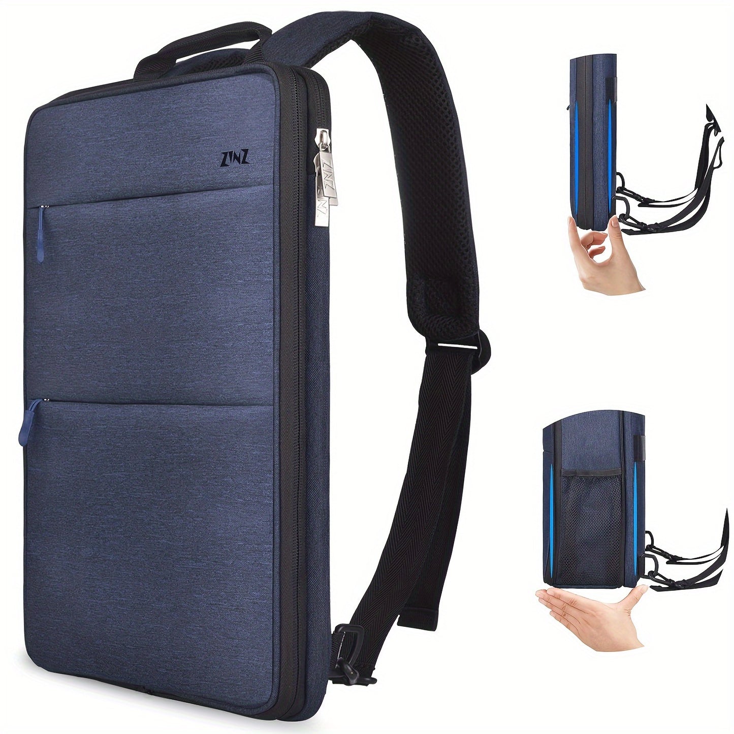 Ultra-slim laptop backpack for 35.56-40.64cm laptops, spill-resistant with durable polyester material.