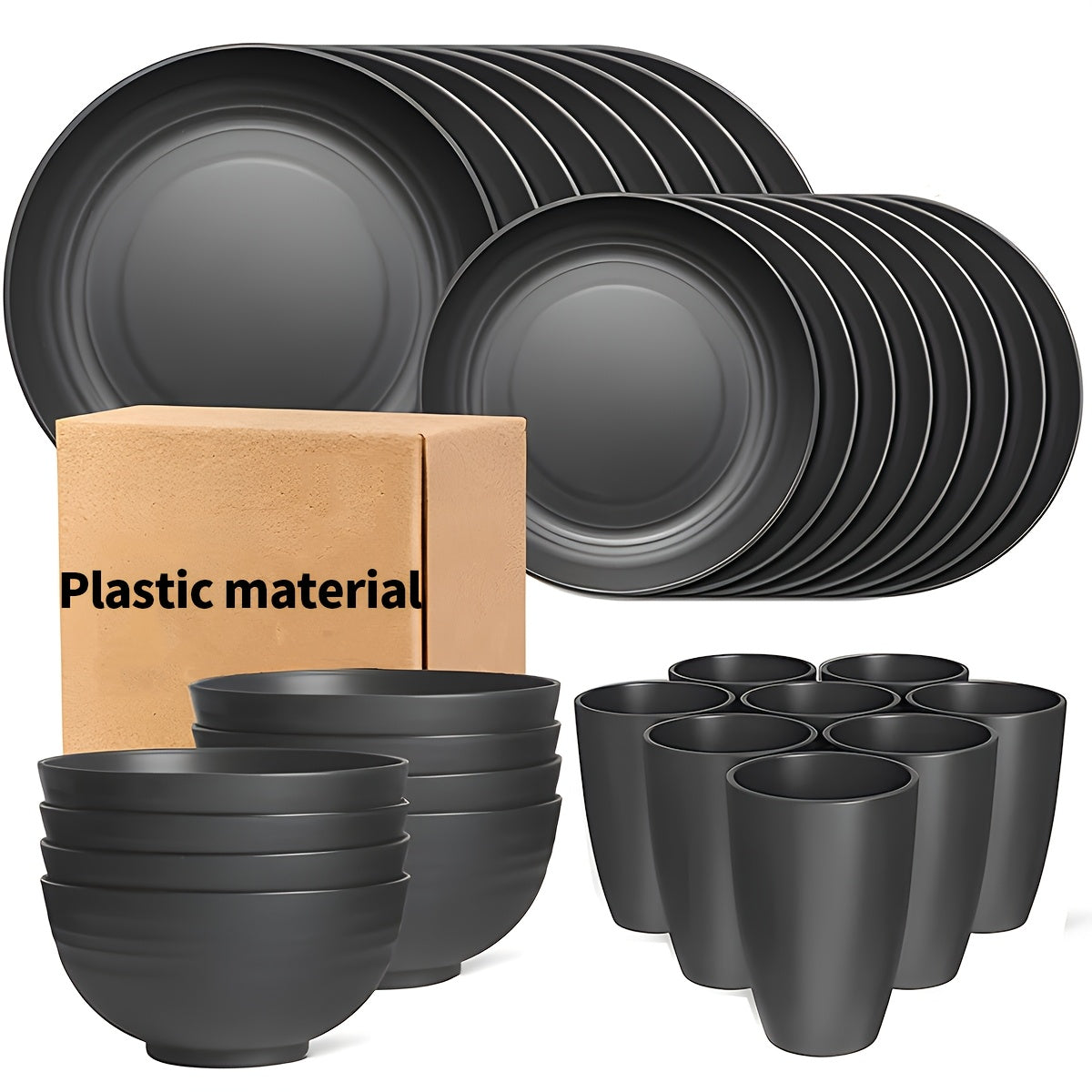 32 matte black plastic kitchen utensils for home and restaurant use, including dinner plates, dessert plates, bowls, and cups.