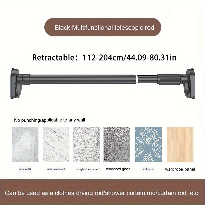 25 square head tubes, telescopic rod with adjustable tension, plastic base with stainless steel tube. Available in silvery, black, white, and gray. Versatile rod for shower curtain, wardrobe, clothes drying, curtain, door curtain. Suitable for bathroom