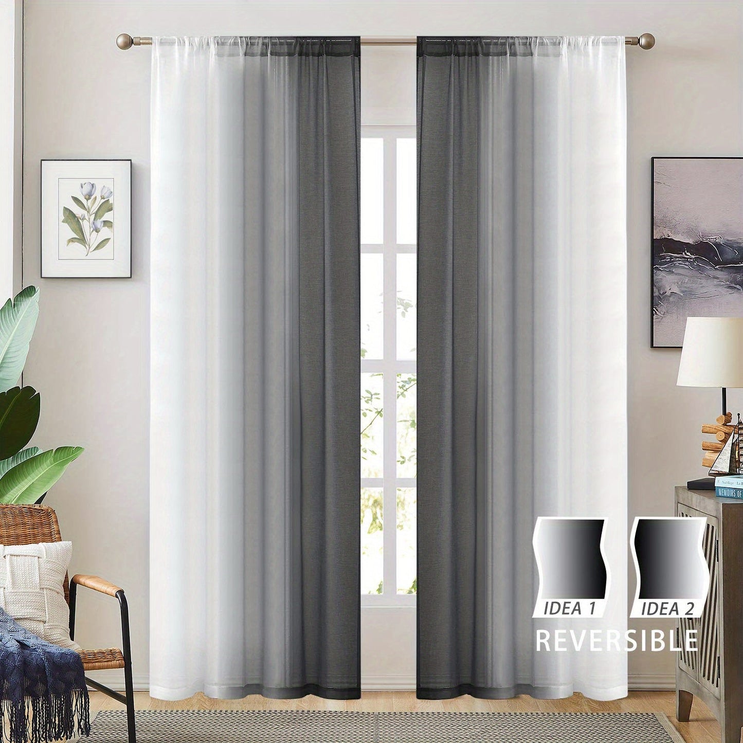 Two pieces of rod pocket curtains with a gradient style, made of transparent imitation linen material. These sheer curtains are perfect for adding a decorative touch to any bedroom, office, kitchen, living room, study, or home decor.