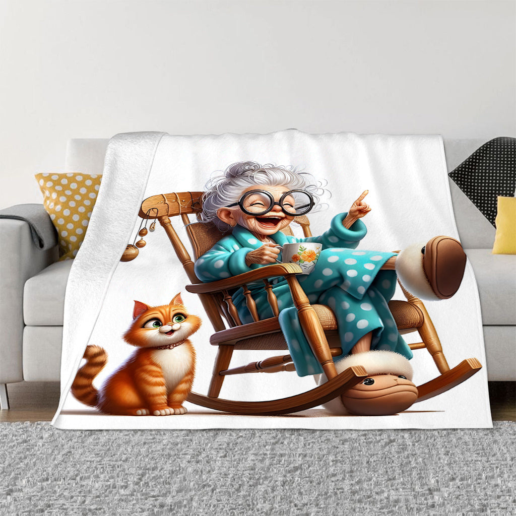 Stay warm and cozy with the 1pc Cozy Senior Life Flannel Throw Blanket featuring a charming Grandma in Rocking Chair with Cat print design. This contemporary style blanket offers all-season comfort with its knitted polyester material. It's the ideal gift