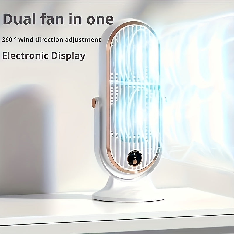 Get maximum airflow with the 720° Oscillation Table Fan, featuring dual motors for powerful performance. This portable fan offers 5-speed settings for quiet operation and is made of sturdy plastic material. With USB charging and a built-in lithium