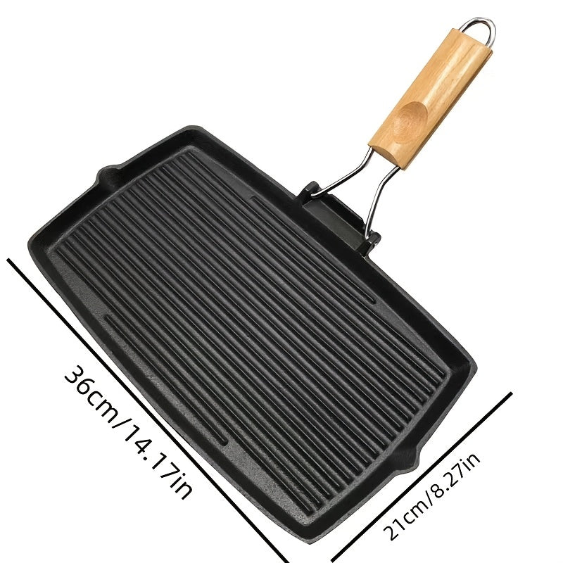 One-piece Cast Iron Rectangular Grill Pan with Thick Non-Stick Coating, Wooden Handle, Perfect for Striped Steaks, BBQs, Picnics, Hand Wash Recommended.