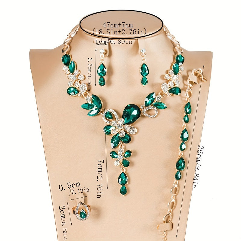 Choose Your Preferred Color Elegant Jewelry Set with Dangle Earrings, Necklace, Bracelet, and Ring. Perfect for Engagement, Wedding, or Eid Gifts. Paved with Rhinestones.