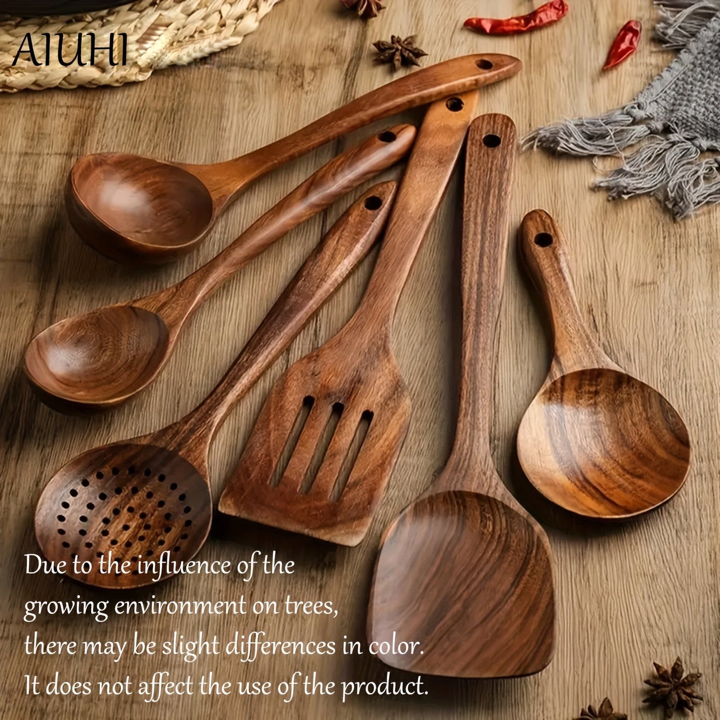 Six wooden utensils set, including cooking spoons, that are both sturdy and elegant kitchen tools for both preparation and serving purposes.