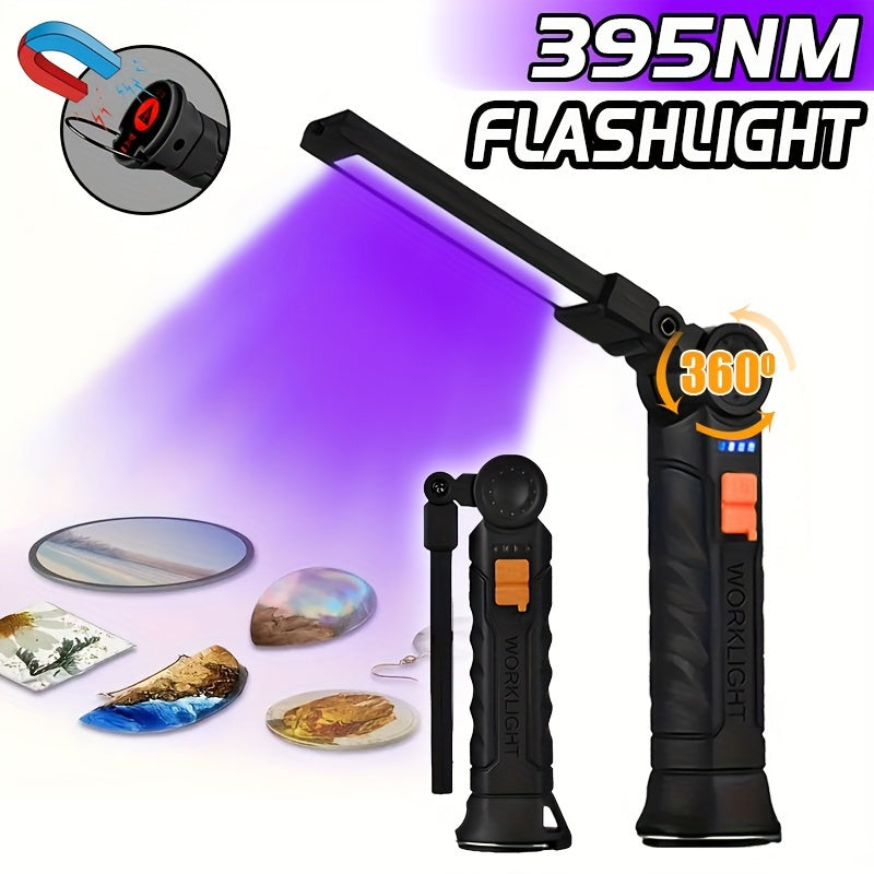 Rechargeable LED UV flashlight with magnetic base for multiple uses such as jewelry making and pet stain detection.