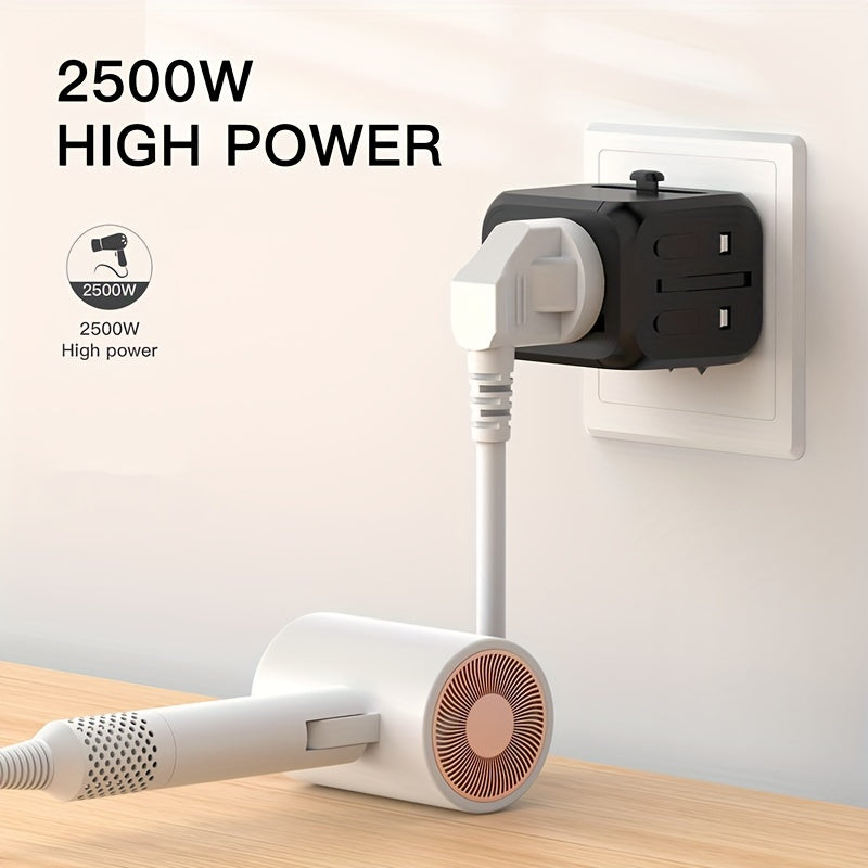 A 2500W Global Travel Charger with International Conversion Plug, perfect for business trips. Available in blue, orange, black, and white. Compatible with US, Australia, UK, and EU outlets.