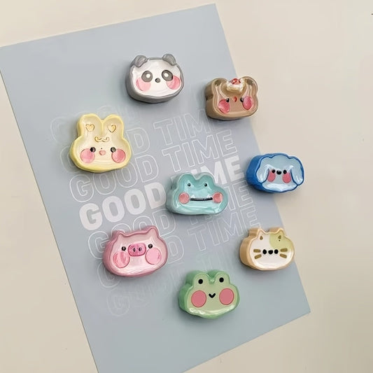 8 adorable mini animal head refrigerator magnets featuring colorful cat, bear, frog, and rabbit designs. These decorative oval plastic fridge magnets have playful expressions, perfect for youngsters' whiteboards and craft boards. Great for adding a fun