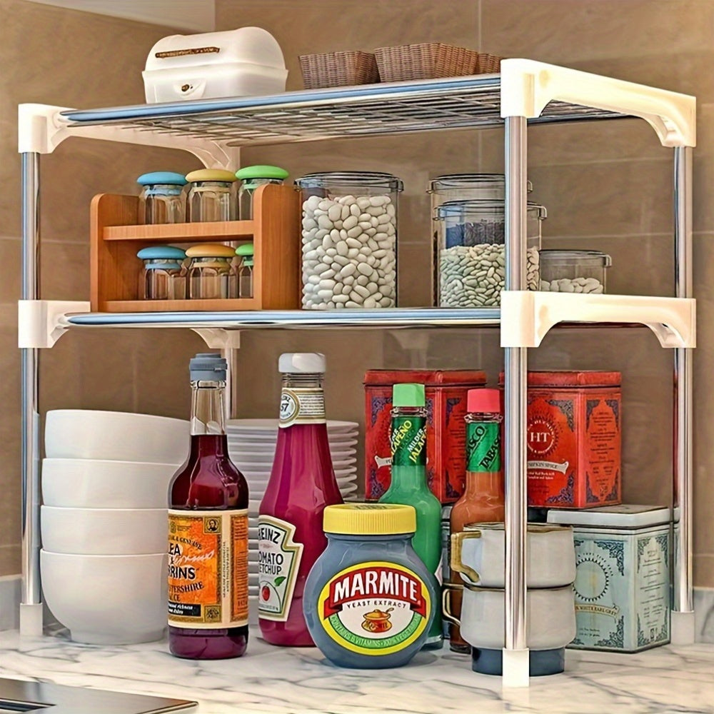 Modern Multi-Layer Kitchen Storage Rack with Metal and PVC Construction, Features Open Shelving Design, Requires Assembly with No Power Needed, Suitable for Countertop, Sink, and Microwave Oven Placement