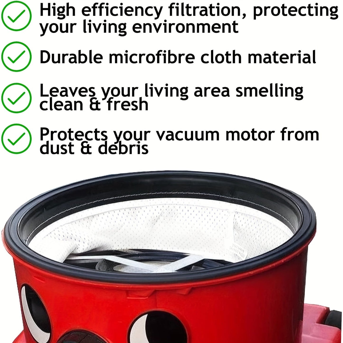 Replacement part compatible with Numatic Henry, Hetty, and James vacuum cleaners. Features a 30.48cm microfibre cloth round filter made from durable PC material.