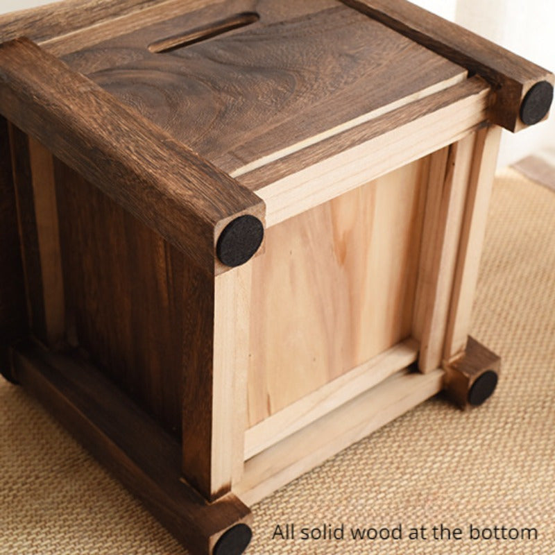 Classic wooden shoe changing stool with storage drawer, dark brown, armless, non-padded.