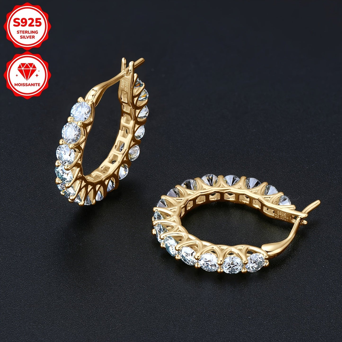 These earrings are made of 925 sterling silver and feature a pair of round Moissanite stones measuring 3mm each, with a total weight of 1.5 carats. The earrings are adorned with 30 Moissanite stones in total, each weighing 3.74 grams. This elegant design