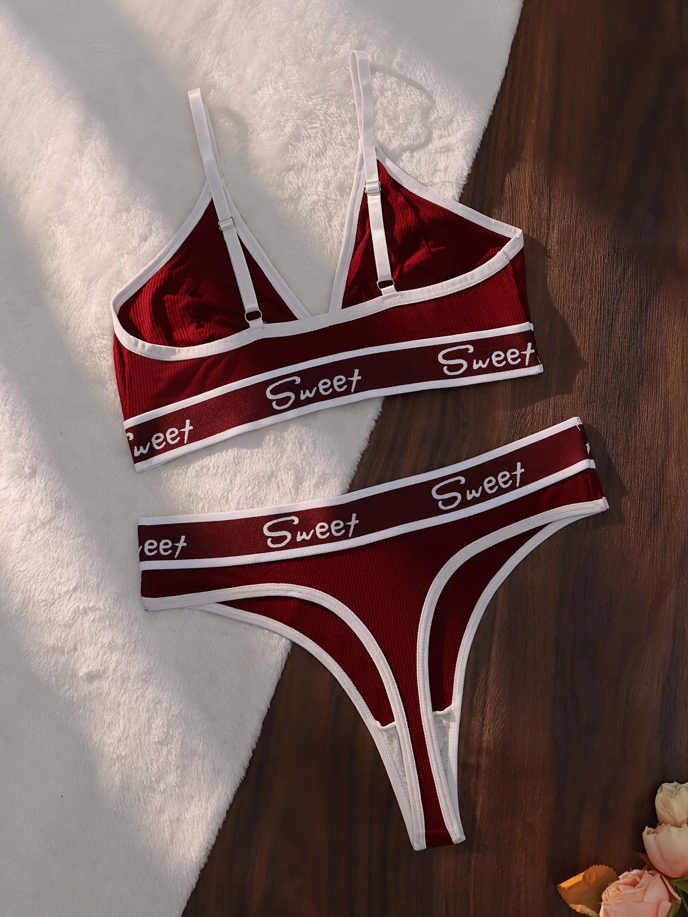 Athletic lingerie set featuring color blocked cami bra and thong with letter print, for women.