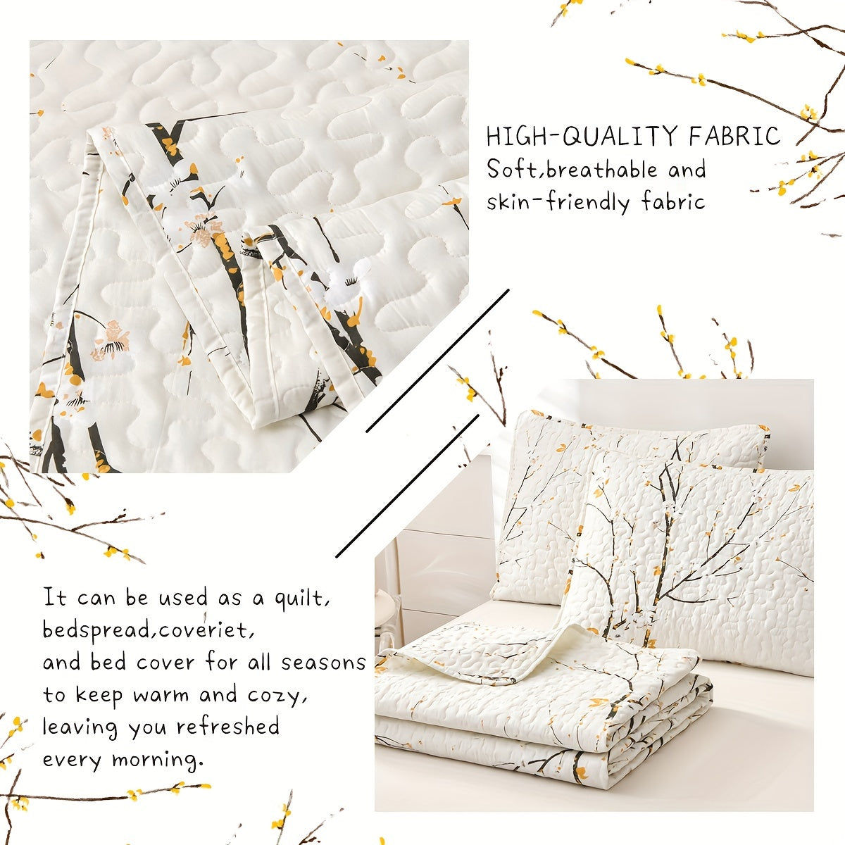 Elegant Plum Blossom Quilt Set includes 3 pieces (1 Quilt + 2 Pillowcases, Core not included). Made with skin-friendly, soft and breathable materials, this bedding is warm and comfortable for all seasons. Perfect for hotel or bedroom use.