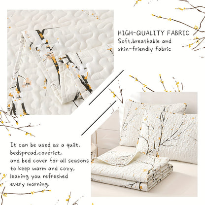 Elegant Plum Blossom Quilt Set includes 3 pieces (1 Quilt + 2 Pillowcases, Core not included). Made with skin-friendly, soft and breathable materials, this bedding is warm and comfortable for all seasons. Perfect for hotel or bedroom use.