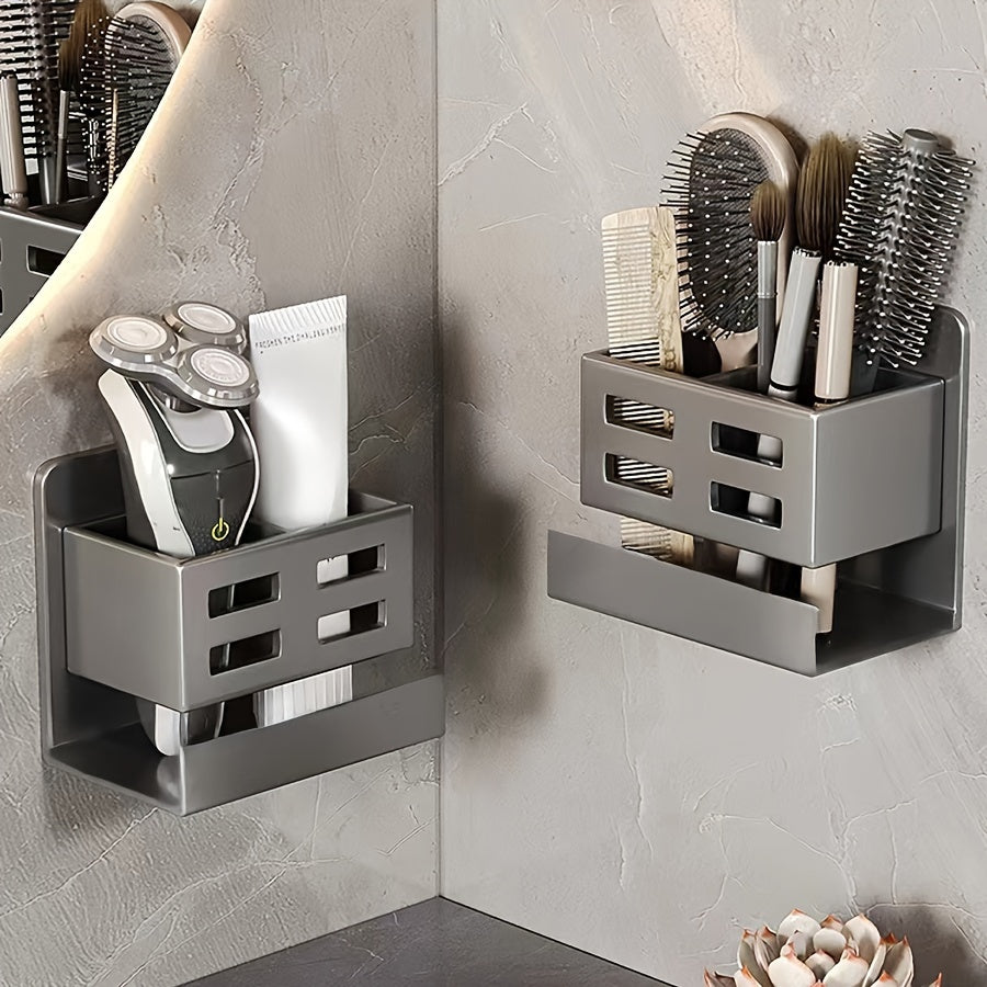 Wall-mounted storage rack with self-adhesive installation for organizing toothbrushes, toothpaste, and other accessories in kitchen, bathroom, living room, office, or shower.