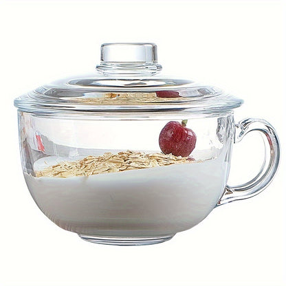 Premium glass cup with lid & spoon, microwave safe. Ideal for breakfast, coffee, tea, milk, yogurt. Clear, durable & stylish for home or office.