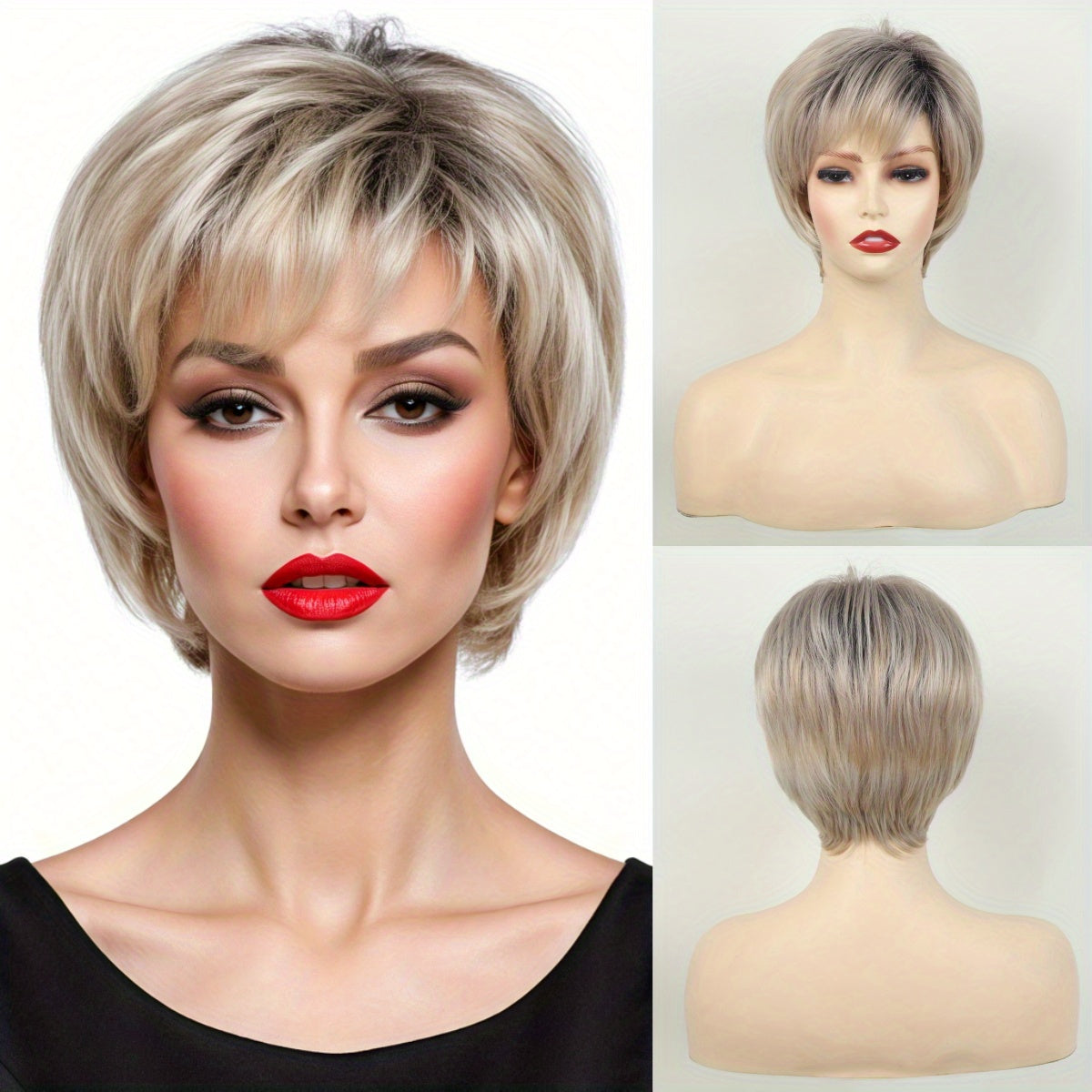 Stylish short pixie cut wig for women with loose wave style, side bangs, and rose net cap. Made of high temperature fiber, suitable for daily and party use.