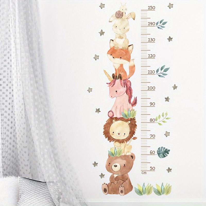 Cartoon animal height measurement wall stickers for room decor.