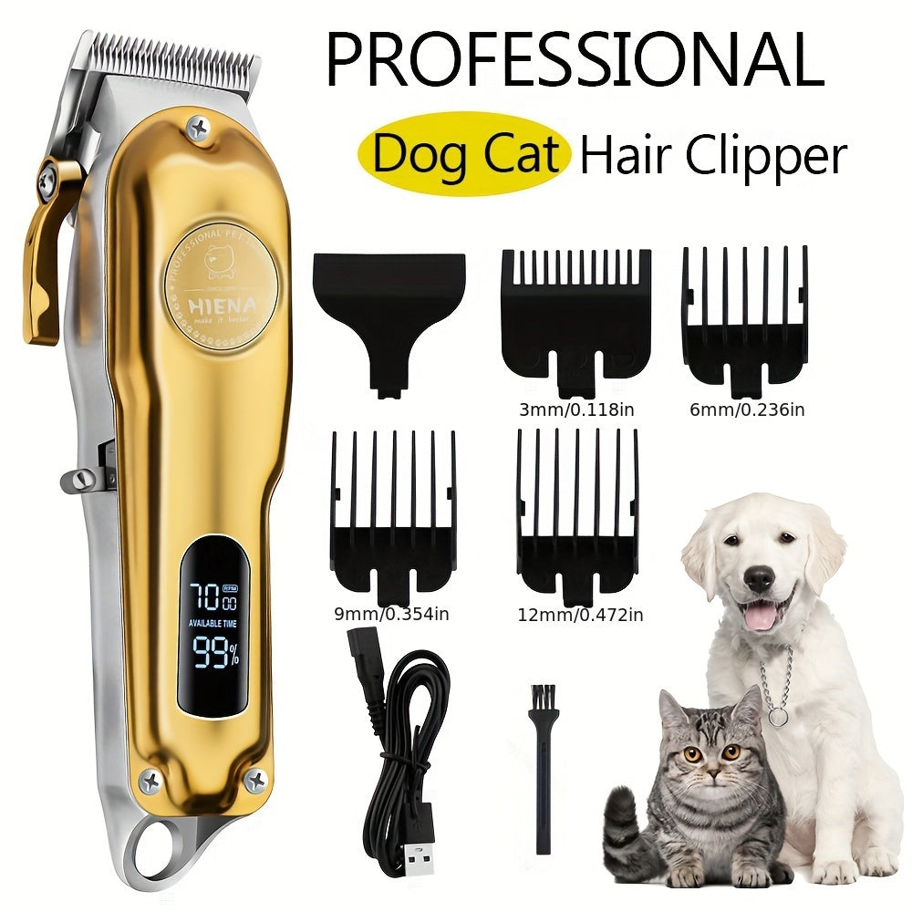 High-quality, rechargeable, cordless dog clipper with LED display screen, suitable for large dogs, low noise.