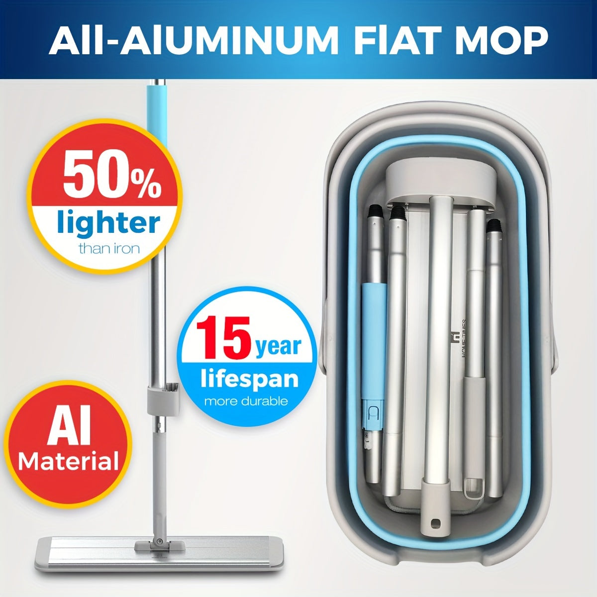 Introducing the Home Times Flat Mop & Collapsible Bucket Set! This set includes a 13.97 L bucket and features hands-free washing, 360° rotation, and comes with 2 microfiber pads for dry/wet use. Perfect for cleaning in the bedroom, bathroom, kitchen