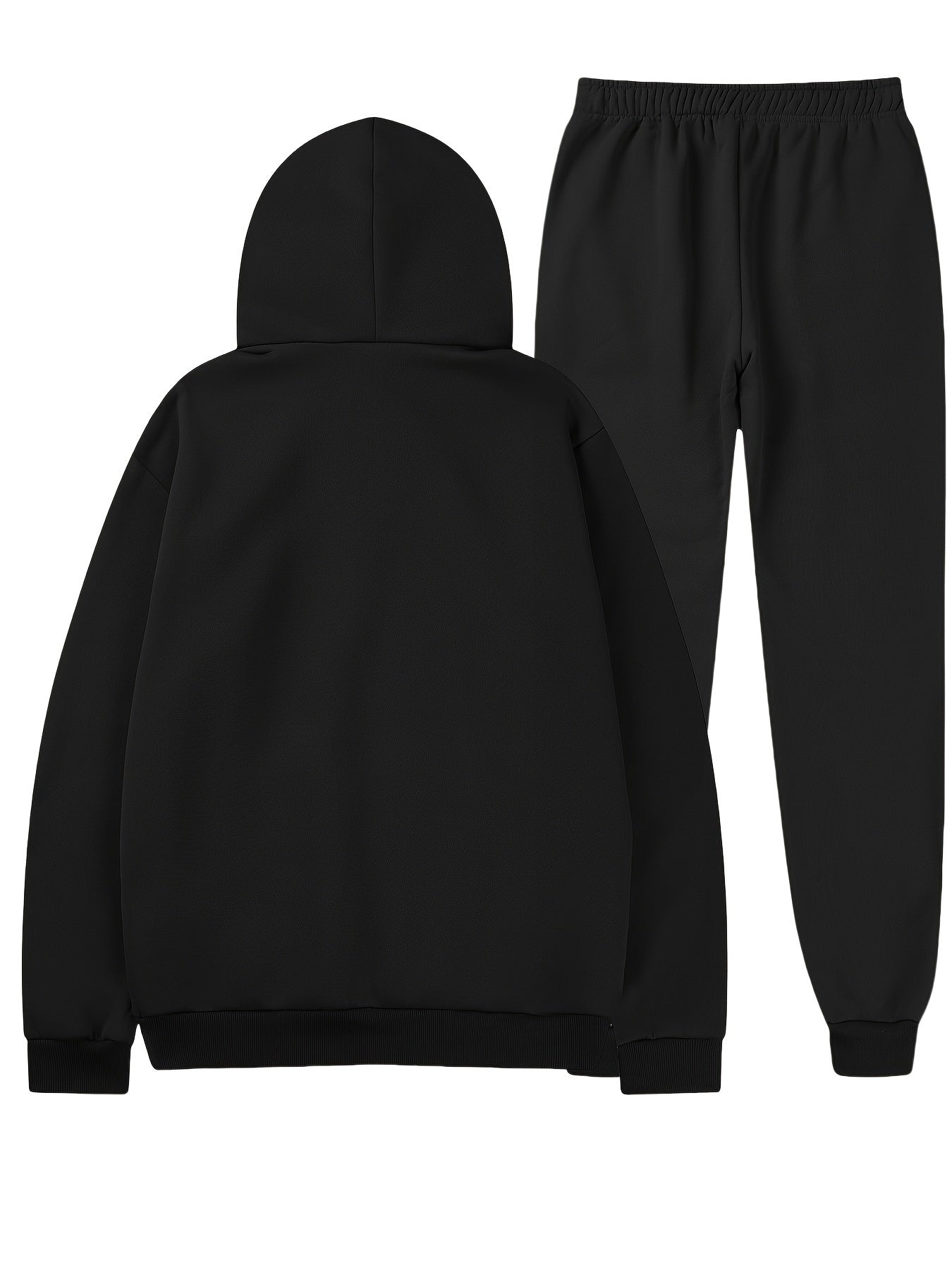 Men's casual fleece hoodie and sweatpants set made of 100% polyester. Includes a long sleeve zip-up hooded sweatshirt with kangaroo pocket, regular fit, knit fabric, solid color. Ideal for