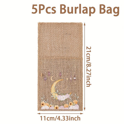 5 Eid Mubarak Burlap Gift Bags with Moon, Lantern & Star Designs for Ramadan Kareem Party Supplies and Islamic Muslim Home Decor. Made of Durable Linen Material with an Elegant Burlap