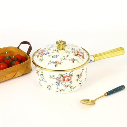 Induction compatible milk pot with a golden handle and enamel finish, great for cooking and serving soups, rice, and porridge - a perfect kitchen gift.