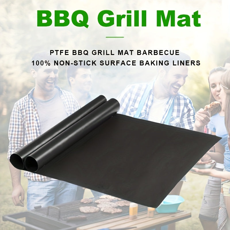 Two Teflon BBQ grill mats: High temp resistant, non-stick, easy to clean, reusable for outdoor cooking.