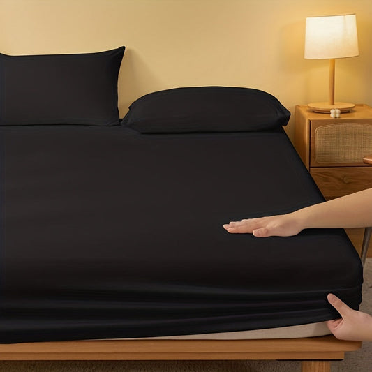 Black solid color fitted sheet with deep pocket, perfect for bedroom, guest room, or student dorm. Made from soft and comfortable material. Includes 1 fitted bed sheet.