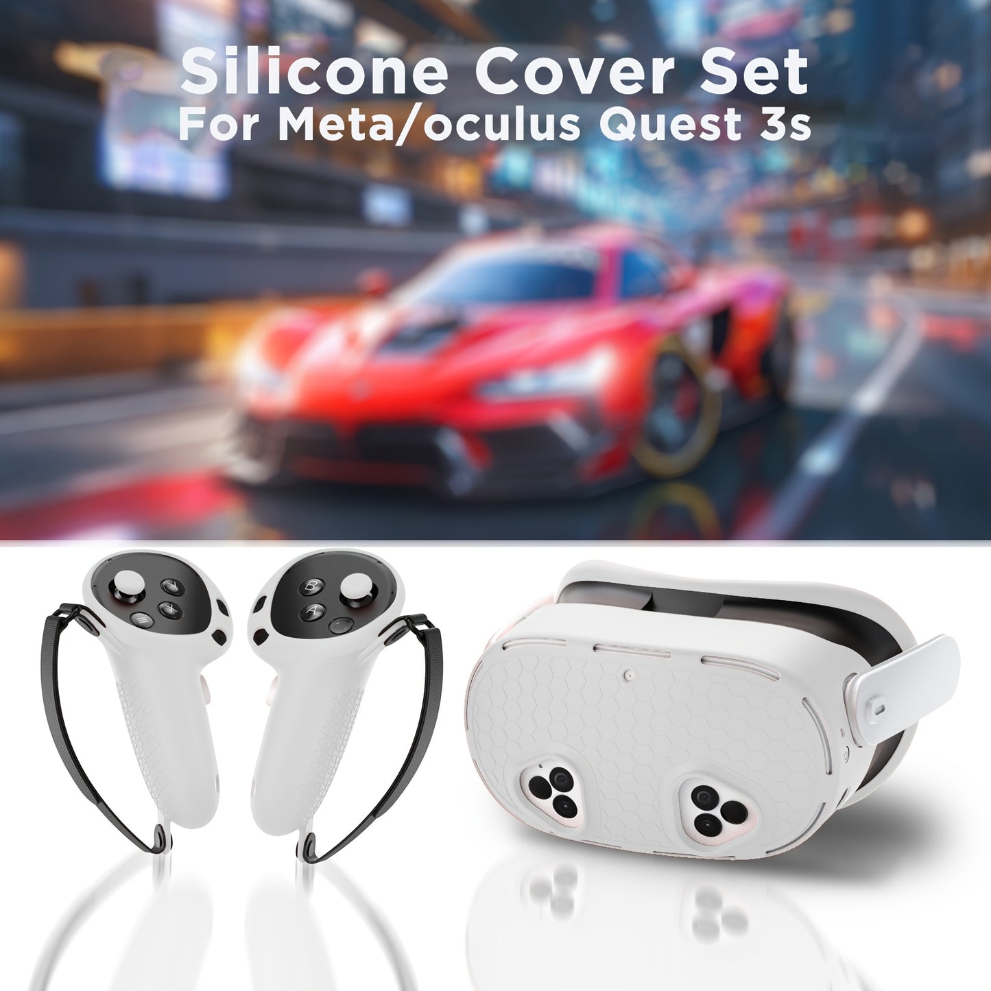 Silicone cover set for Meta Quest 3S, including face cover, controller grips, headset cover, and lens protective cover. Oculus Quest 3S accessories only (VR headset and controllers not