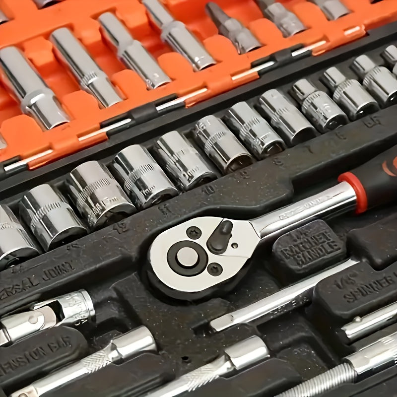 High-quality car repair kit includes essential tools for automotive maintenance and repair, featuring quick ratchet wrenches and mechanical repair tools, battery-free.