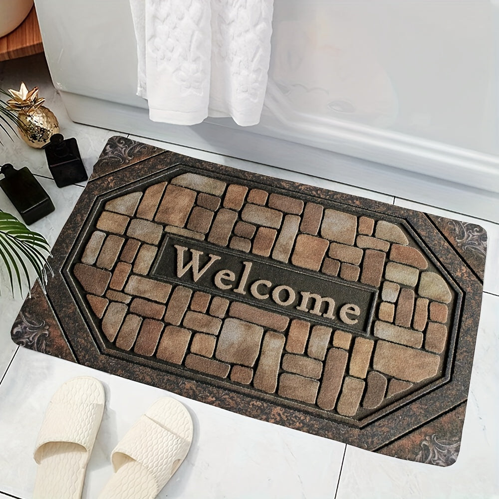 Polyester Welcome Doormat with Non-Slip Rubber Backing - Rectangle Entrance Carpet with Painted Brick Design (Pebble Pattern) - Machine Washable for Indoor and Outdoor Use