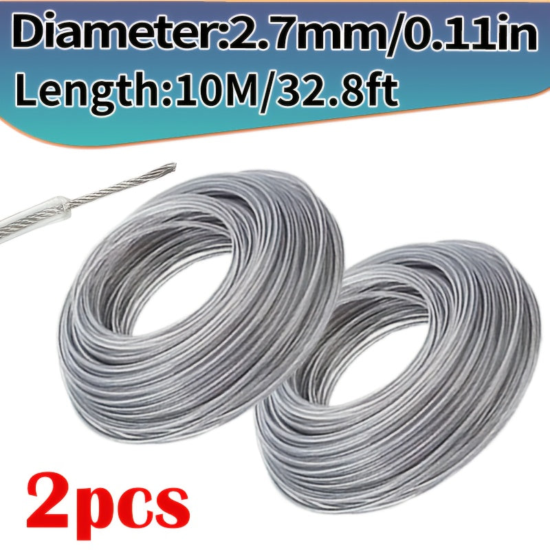 2pcs of durable 3.0mm diameter steel wire nylon grass trimmer line, 15m in length. Ideal for replacing lawn mower spools and cutting grass with brush cutters. A must-have gardening tool.